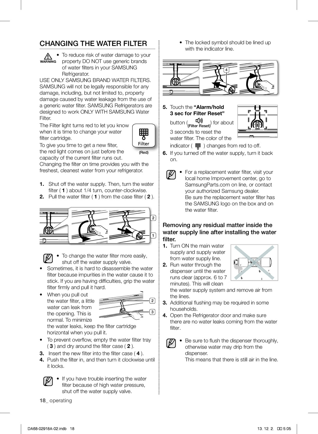 Samsung RF32FMQDBSR user manual Changing the Water Filter 