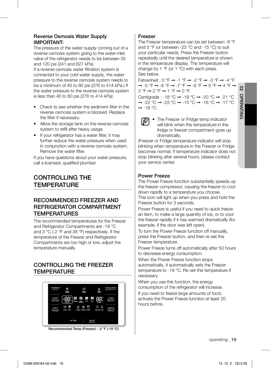 Samsung RF32FMQDBSR user manual Controlling Temperature, Controlling the Freezer Temperature, Reverse Osmosis Water Supply 