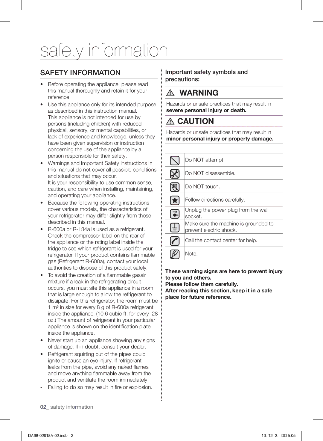 Samsung RF32FMQDBSR user manual Safety information, Safety Information, Important safety symbols and precautions 