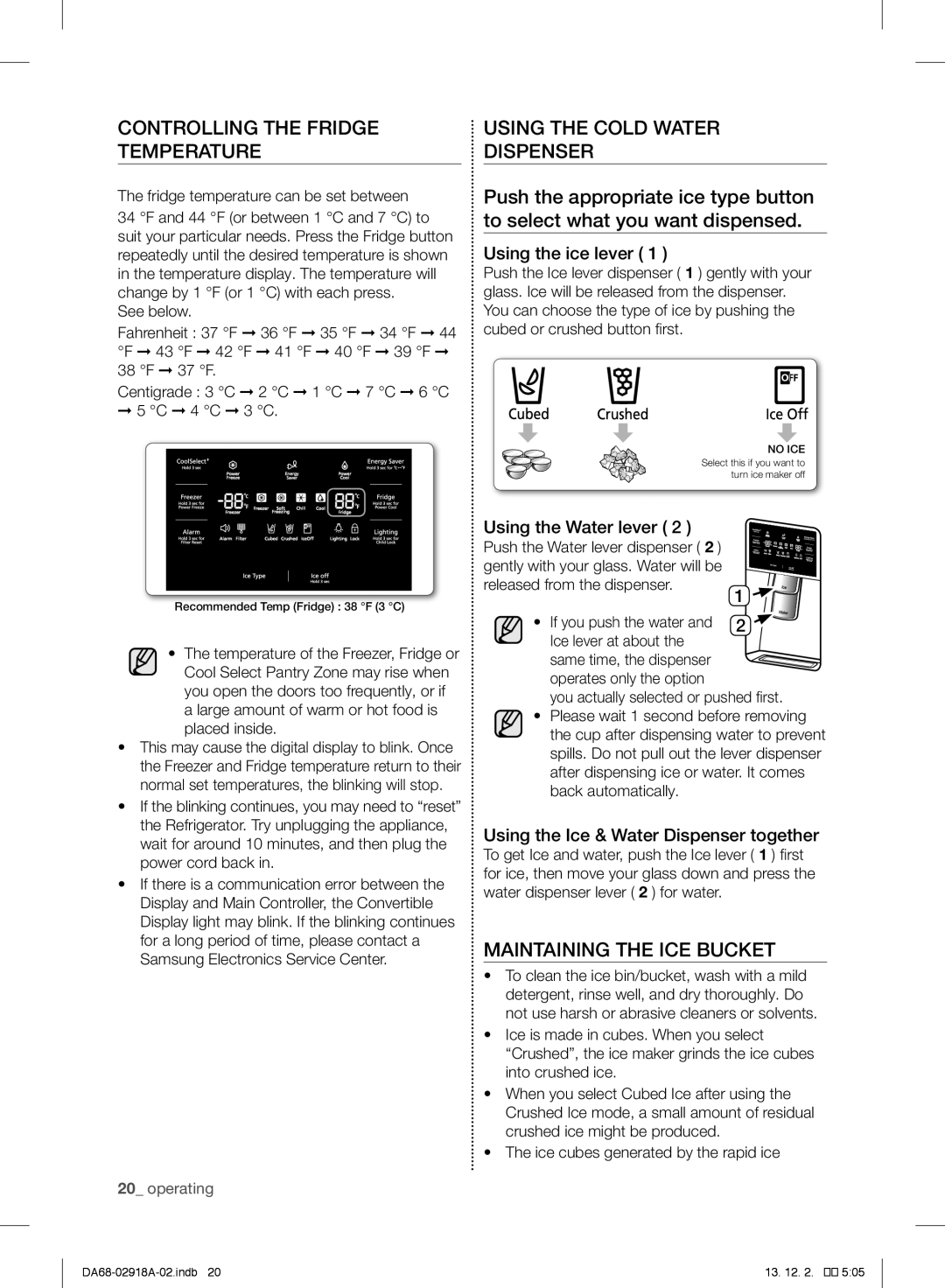 Samsung RF32FMQDBSR Controlling the Fridge Temperature, Using the Cold Water Dispenser, Maintaining the ICE Bucket 