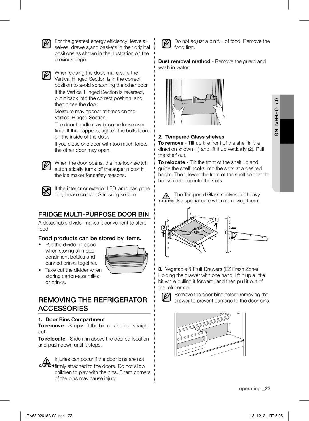 Samsung RF32FMQDBSR user manual Removing the Refrigerator Accessories, Fridge MULTI-PURPOSE Door BIN, 02operating 