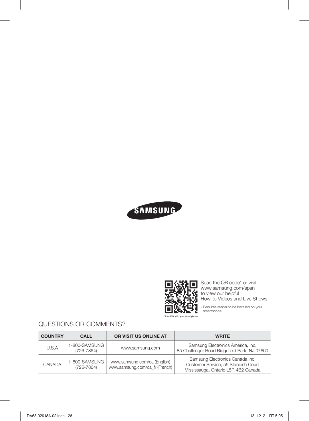 Samsung RF32FMQDBSR user manual Questions or COMMENTS?, Country Call Or Visit US Online AT Write 