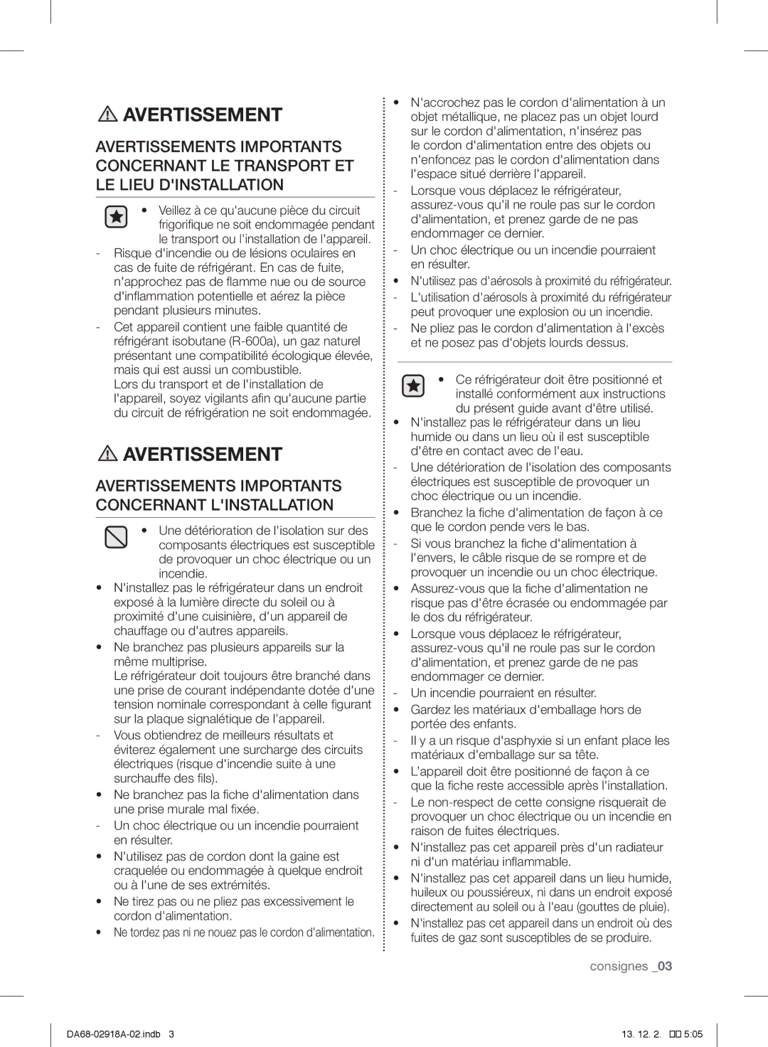 Samsung RF32FMQDBSR user manual Avertissements Importants Concernant Linstallation 