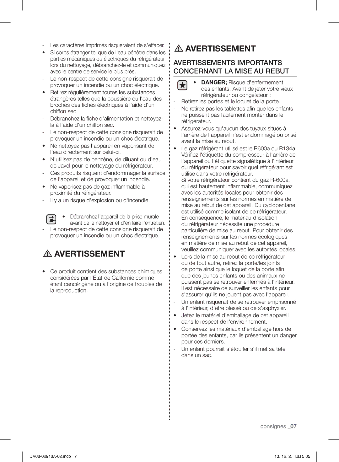 Samsung RF32FMQDBSR Avertissements Importants Concernant LA Mise AU Rebut, Provoquer un incendie ou un choc électrique 