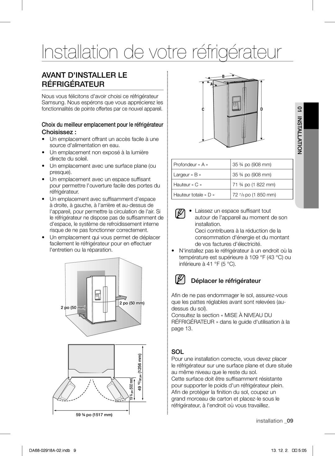 Samsung RF32FMQDBSR Installation de votre réfrigérateur, Avant Dinstaller LE Réfrigérateur, Déplacer le réfrigérateur 