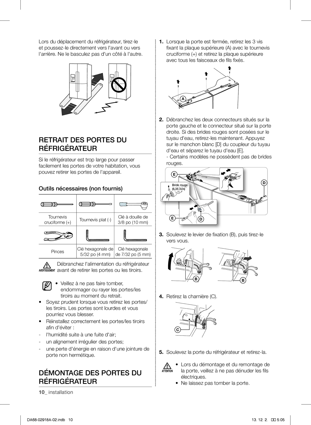 Samsung RF32FMQDBSR user manual Retrait DES Portes DU Réfrigérateur, Démontage DES Portes DU Réfrigérateur 