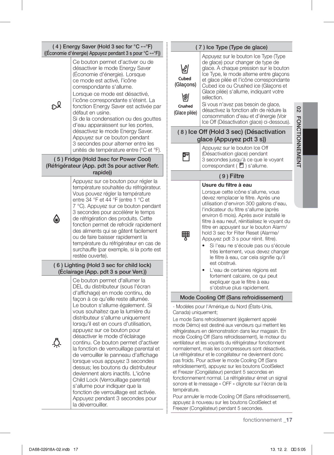 Samsung RF32FMQDBSR user manual Ice Off Hold 3 sec Désactivation Glace Appuyez pdt 3 s 