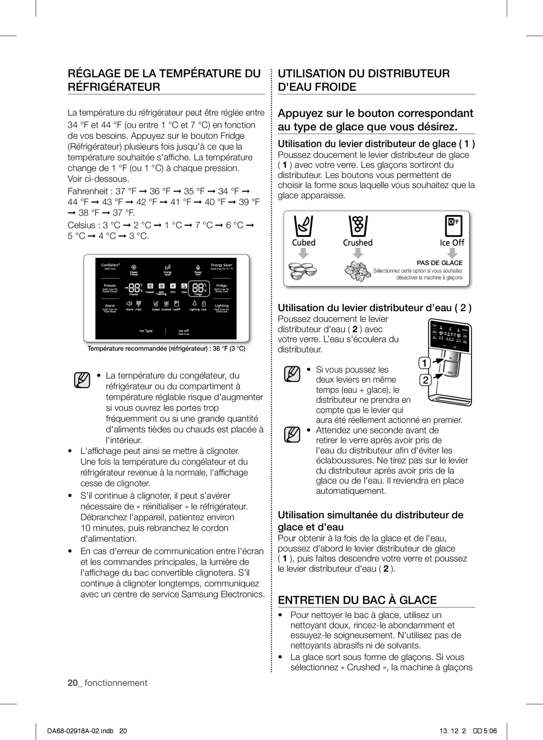 Samsung RF32FMQDBSR user manual Réglage DE LA Température DU Réfrigérateur, Utilisation DU Distributeur Deau Froide 