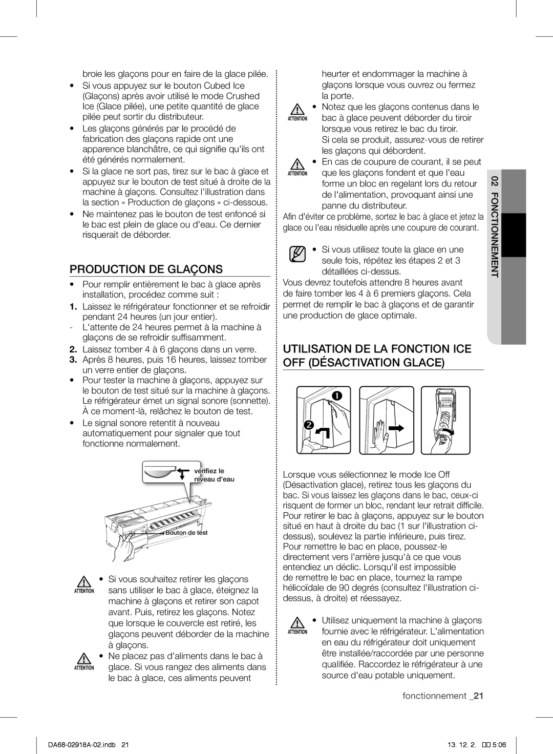 Samsung RF32FMQDBSR user manual Production DE Glaçons, Utilisation DE LA Fonction ICE OFF Désactivation Glace 