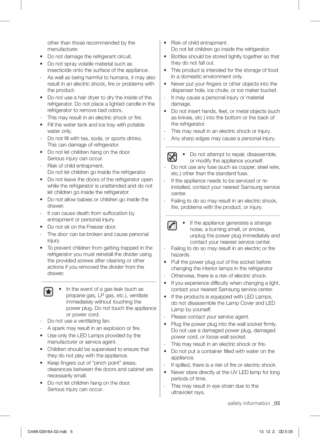 Samsung RF32FMQDBSR user manual Failing to do so may result in an electric or fire hazards 