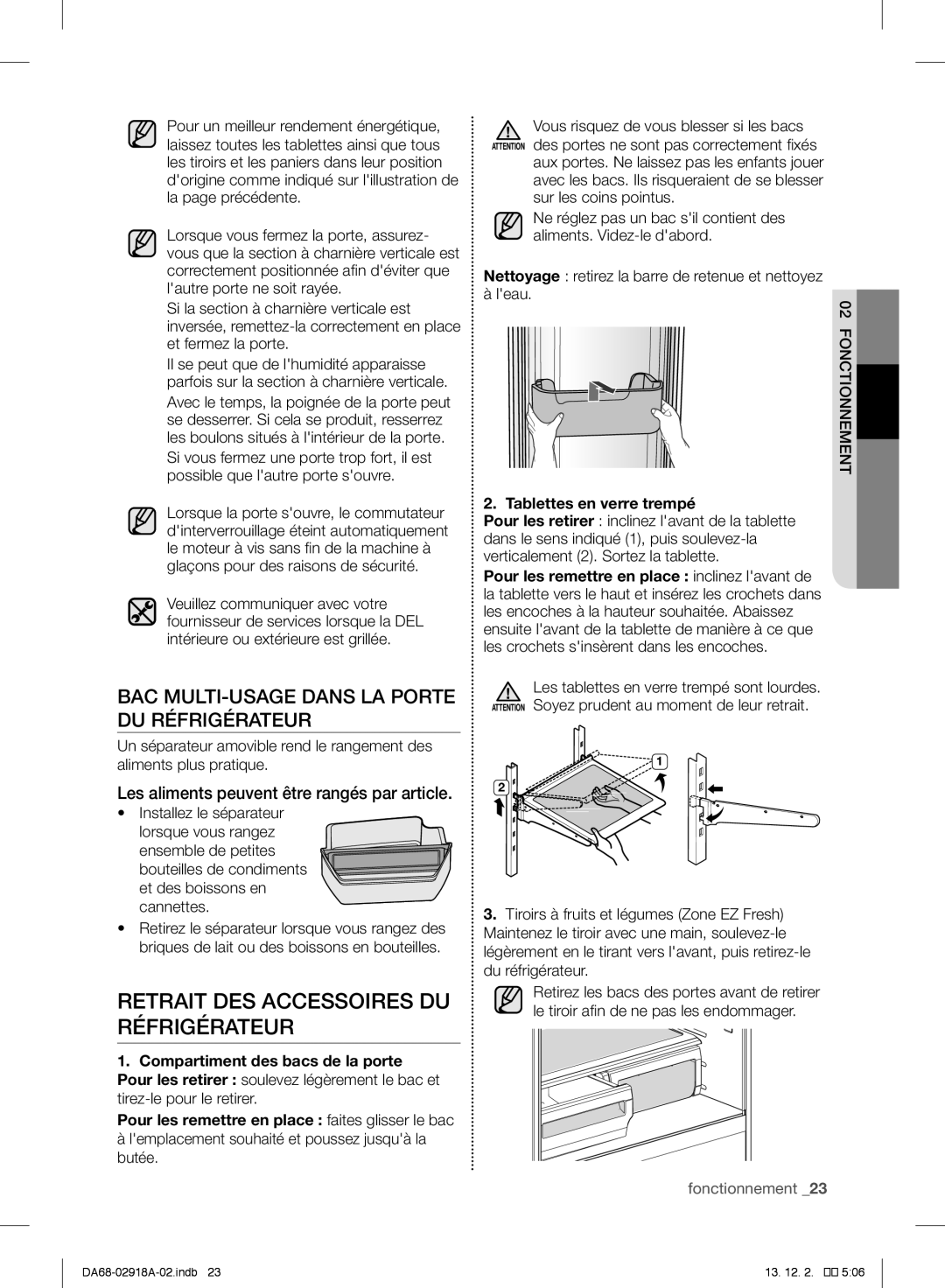 Samsung RF32FMQDBSR user manual Retrait DES Accessoires DU Réfrigérateur, BAC MULTI-USAGE Dans LA Porte DU Réfrigérateur 