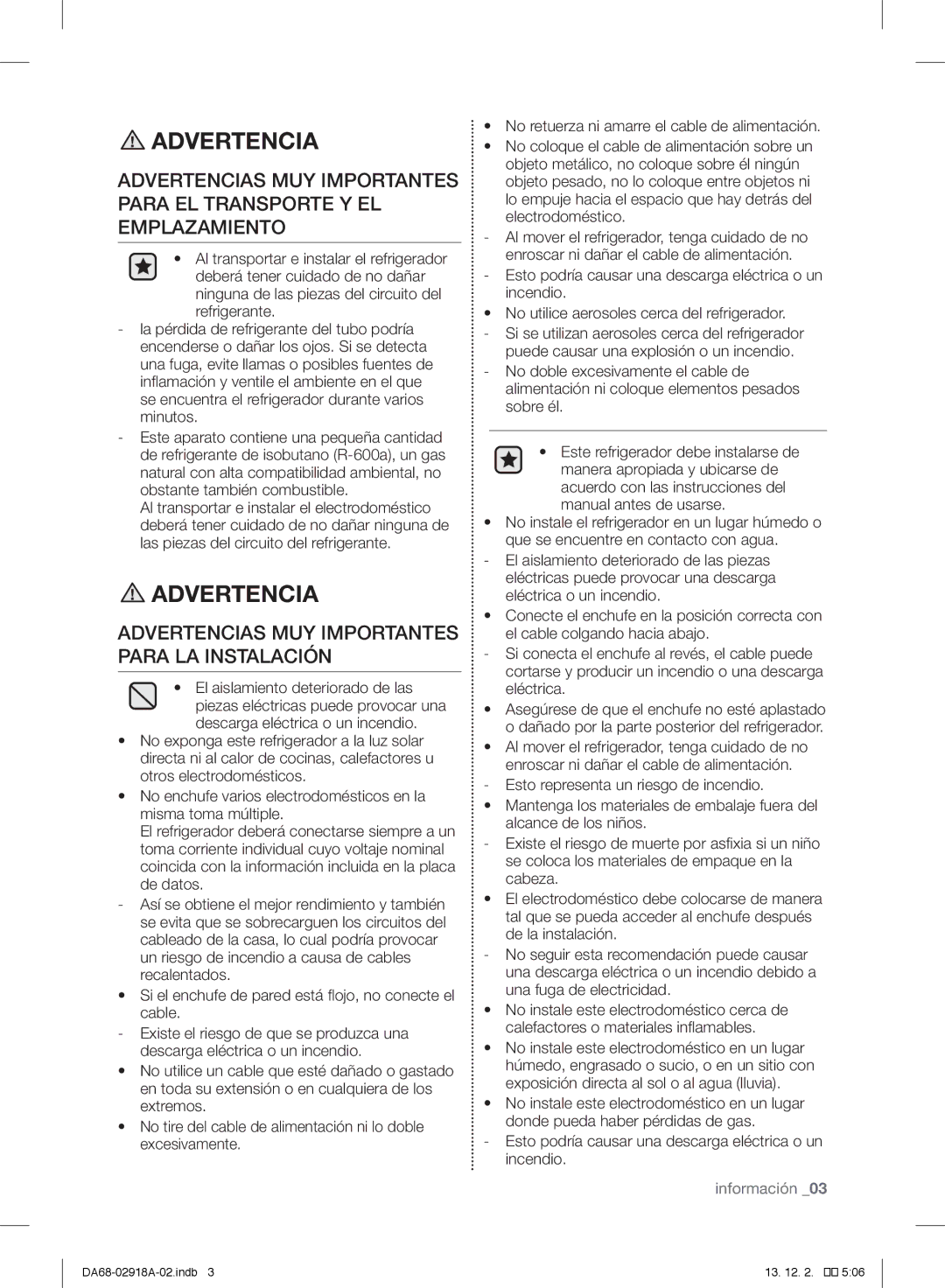 Samsung RF32FMQDBSR user manual Advertencias MUY Importantes Para LA Instalación 