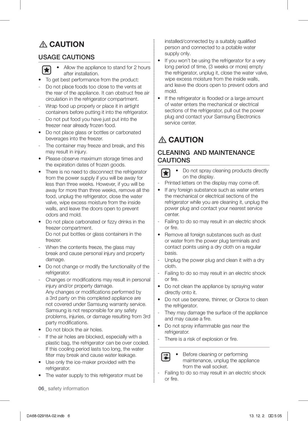 Samsung RF32FMQDBSR user manual Usage Cautions, Cleaning and Maintenance Cautions 