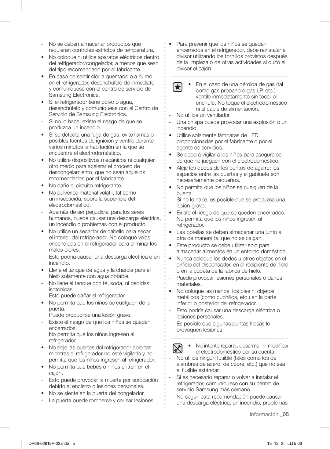 Samsung RF32FMQDBSR user manual No permita que bebés o niños entren en el cajón 