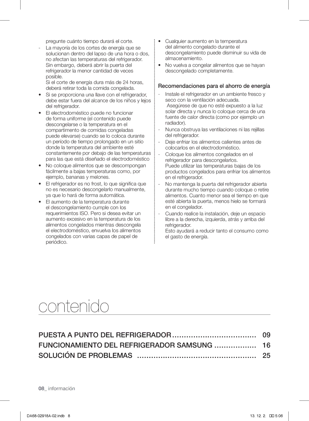 Samsung RF32FMQDBSR user manual Contenido, Recomendaciones para el ahorro de energía 