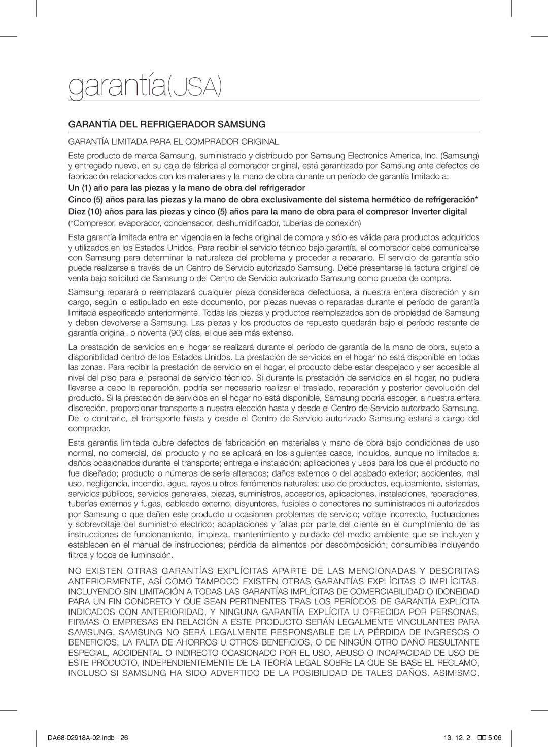 Samsung RF32FMQDBSR user manual GarantíaUSA, Garantía DEL Refrigerador Samsung 