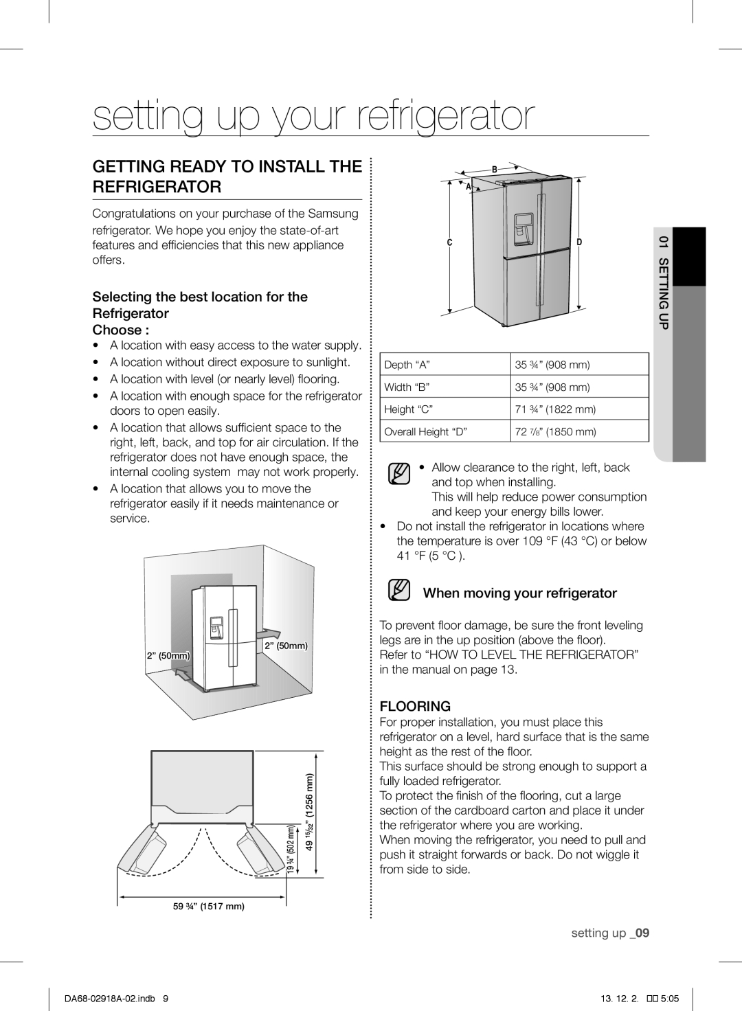 Samsung RF32FMQDBSR Setting up your refrigerator, Getting Ready to Install the Refrigerator, When moving your refrigerator 