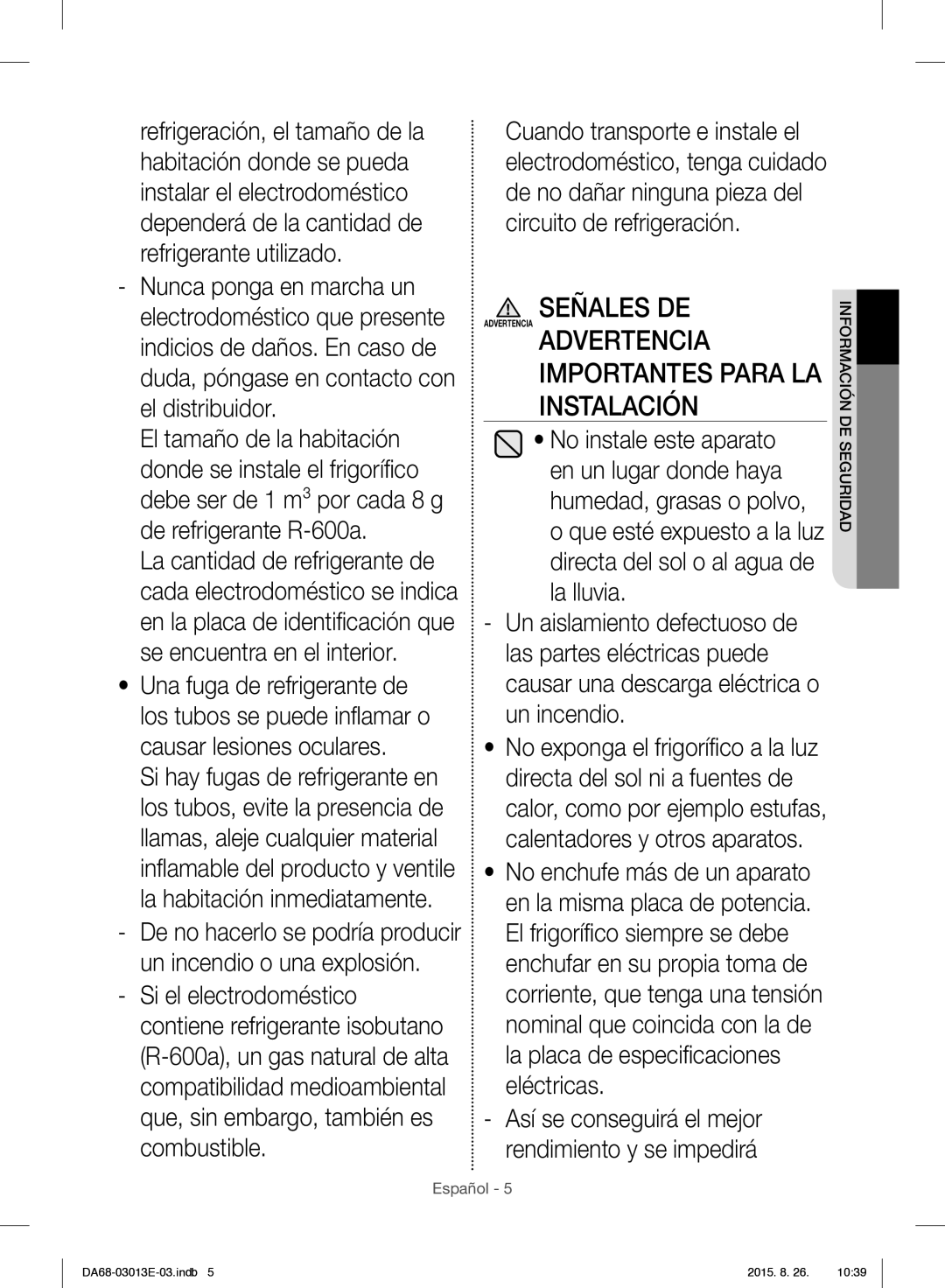 Samsung RF34H9950S4/ES manual Advertencia Importantes Para LA Instalación 