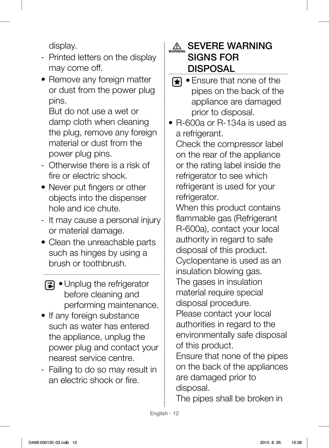 Samsung RF34H9950S4/ES manual Severe Warning Signs for Disposal 