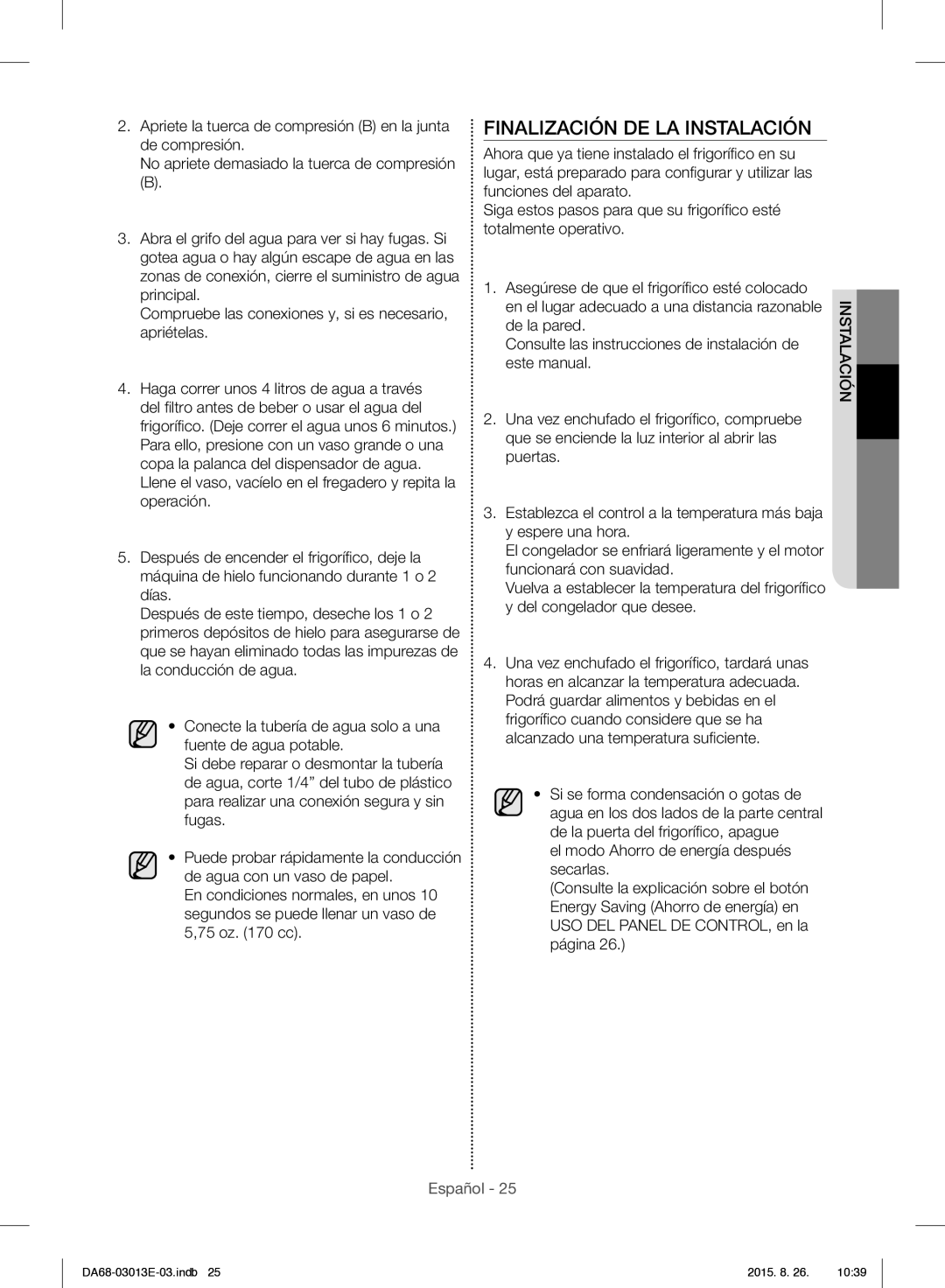 Samsung RF34H9950S4/ES manual Finalización DE LA Instalación 