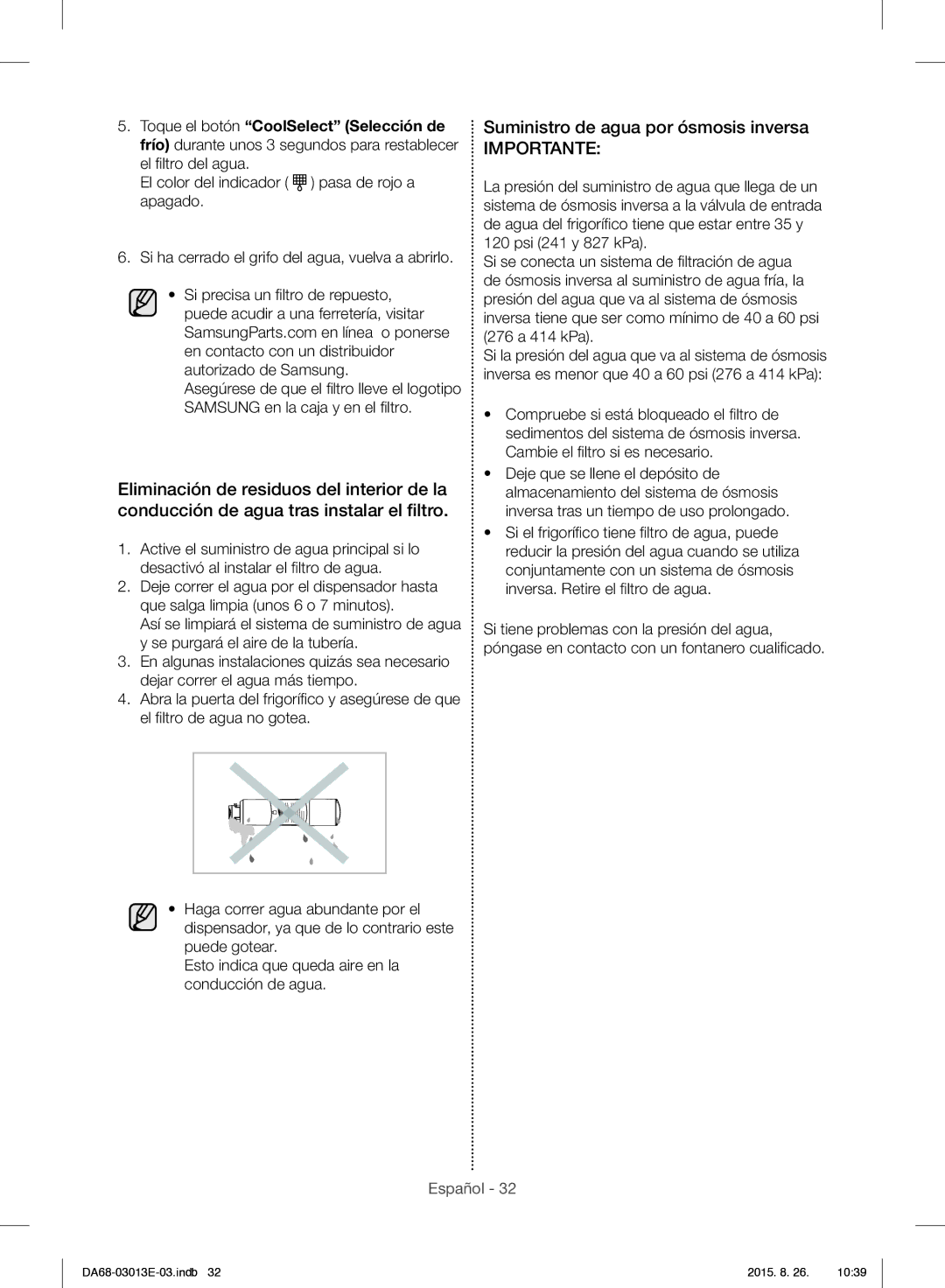 Samsung RF34H9950S4/ES manual Suministro de agua por ósmosis inversa, Importante 