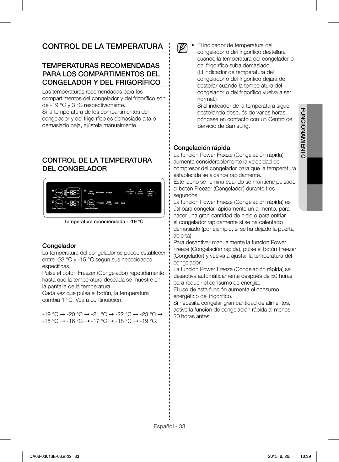 Samsung RF34H9950S4/ES manual Control DE LA Temperatura DEL Congelador, Congelación rápida 