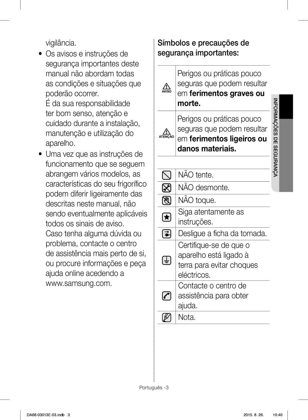 Samsung RF34H9950S4/ES manual Vigilância, Símbolos e precauções de segurança importantes 