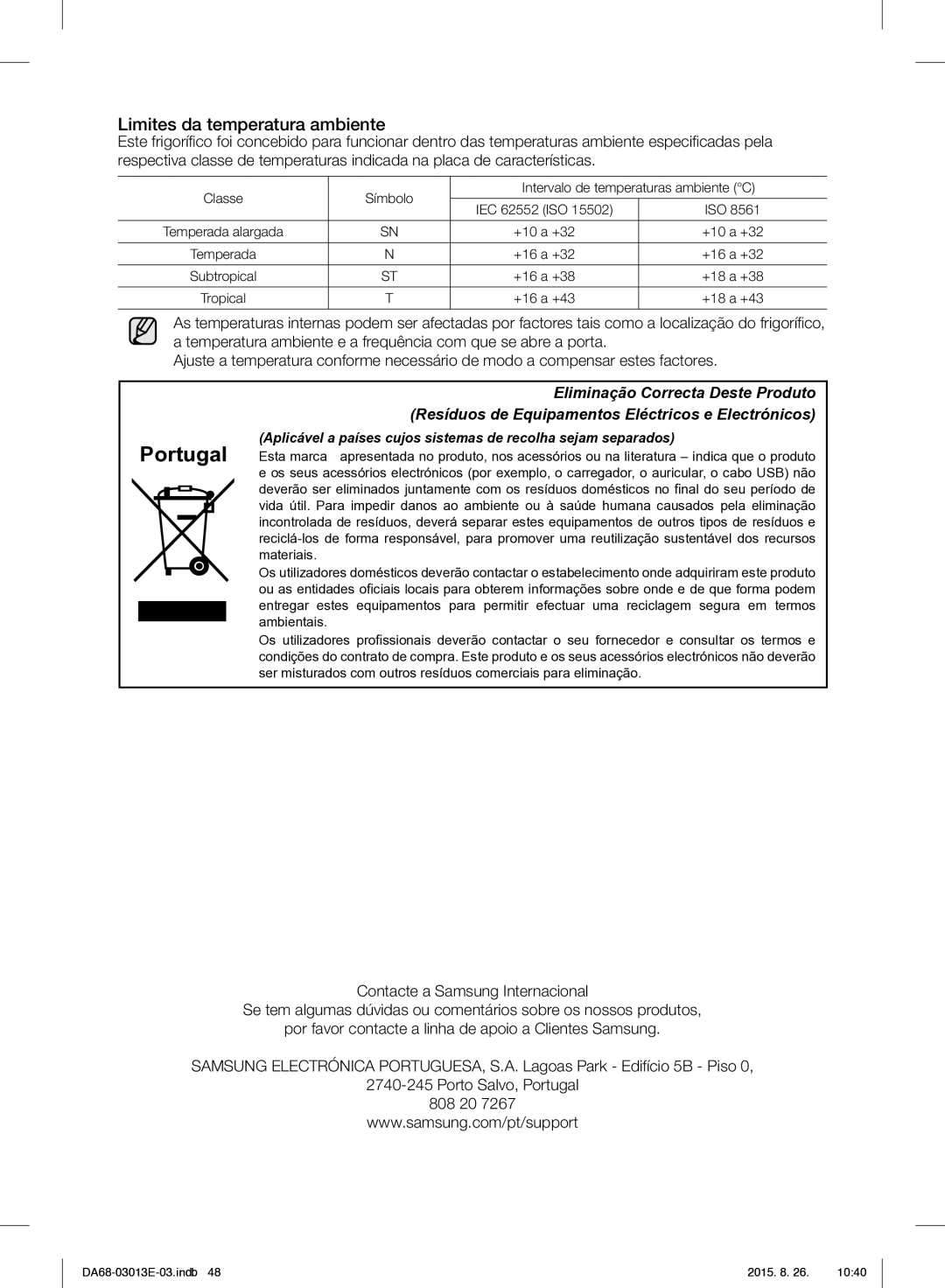 Samsung RF34H9950S4/ES manual Portugal, Limites da temperatura ambiente 