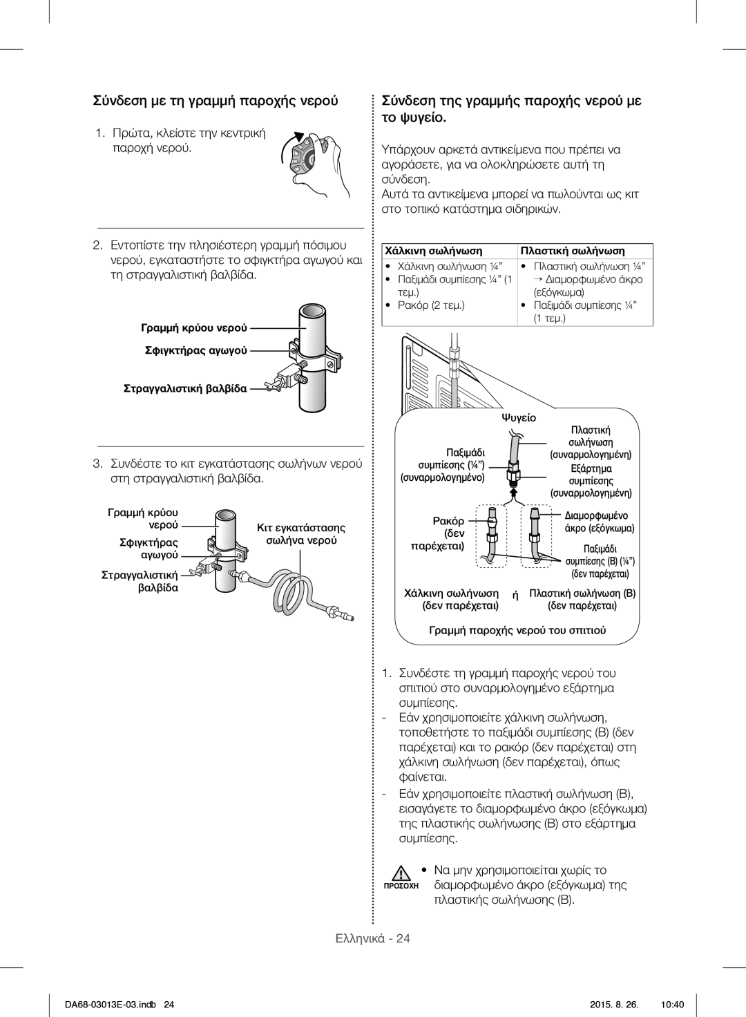 Samsung RF34H9950S4/ES manual Σύνδεση με τη γραμμή παροχής νερού, Σύνδεση της γραμμής παροχής νερού με το ψυγείο 