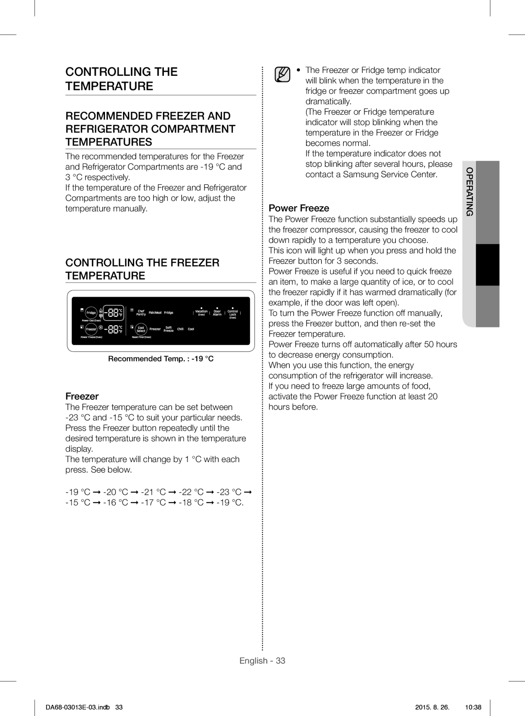 Samsung RF34H9950S4/ES manual Controlling Temperature, Controlling the Freezer Temperature, Power Freeze 