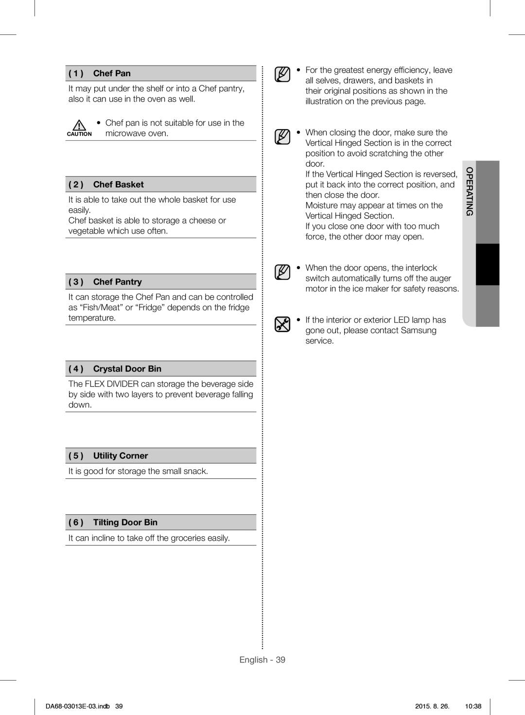 Samsung RF34H9950S4/ES manual Chef Pan, Chef Basket, Crystal Door Bin, Utility Corner, Tilting Door Bin 