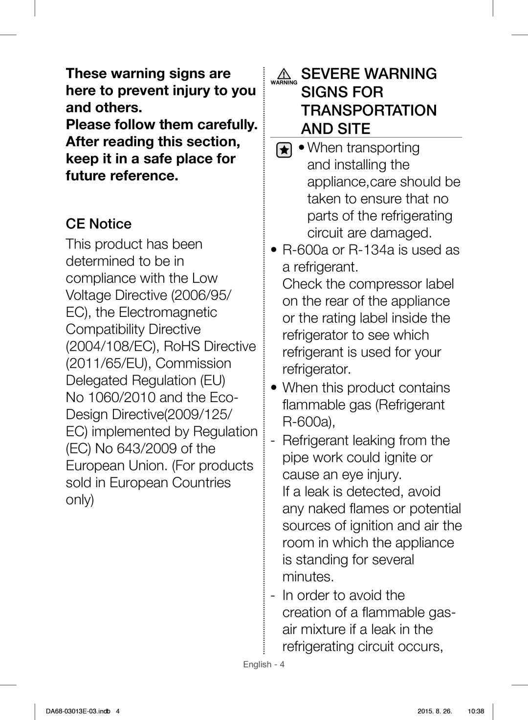 Samsung RF34H9950S4/ES manual Severe Warning Signs for Transportation Site 