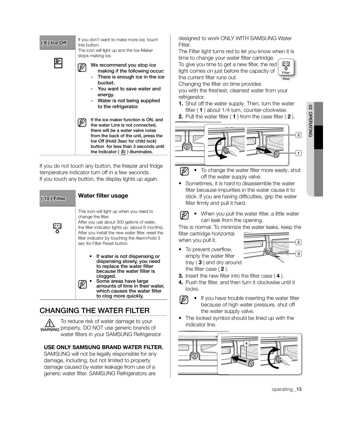 Samsung RF4267HA user manual Changing the water filter, Water filter usage, Pull the water filter 1 from the case filter 