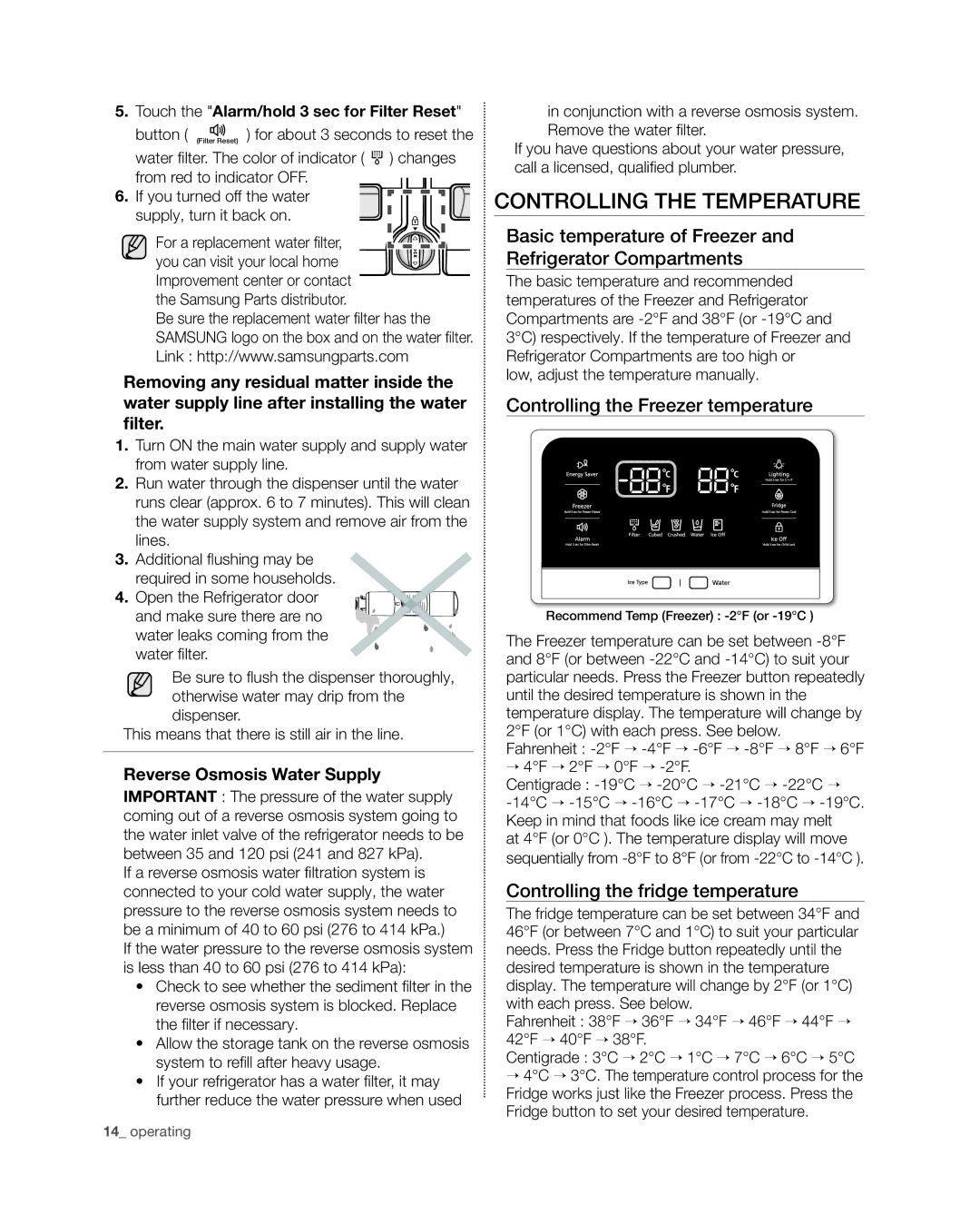 Samsung RF4267HA user manual Controlling the temperature, Basic temperature of Freezer and Refrigerator Compartments 