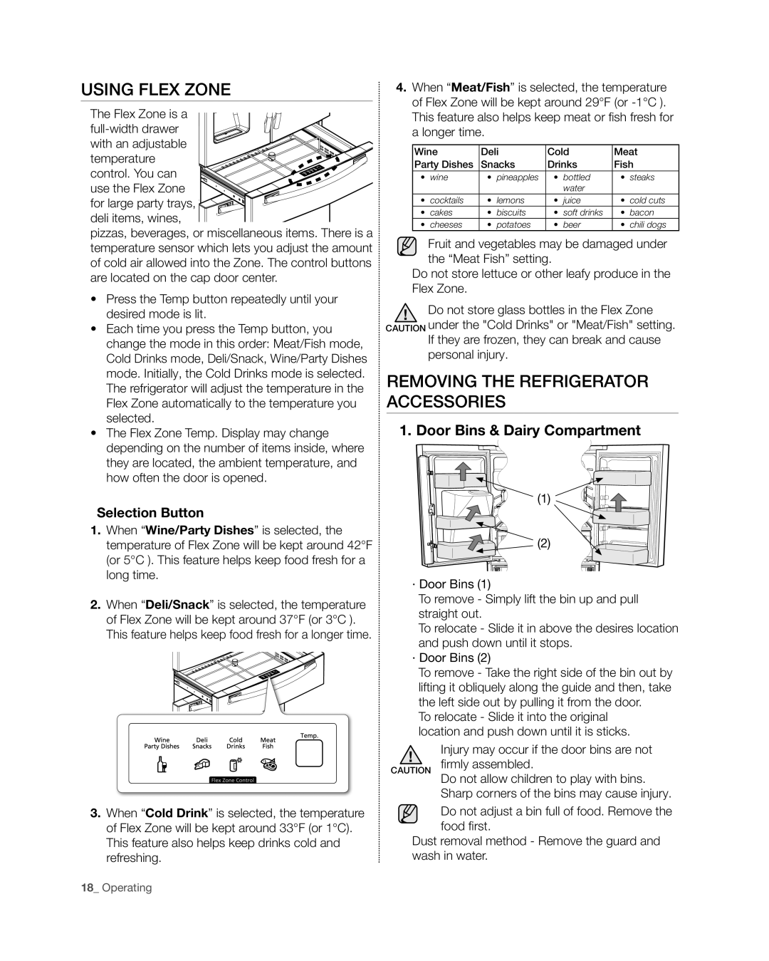 Samsung RF4267HA Using Flex Zone, Removing the refrigerator accessories, Door Bins & Dairy Compartment, Selection Button 