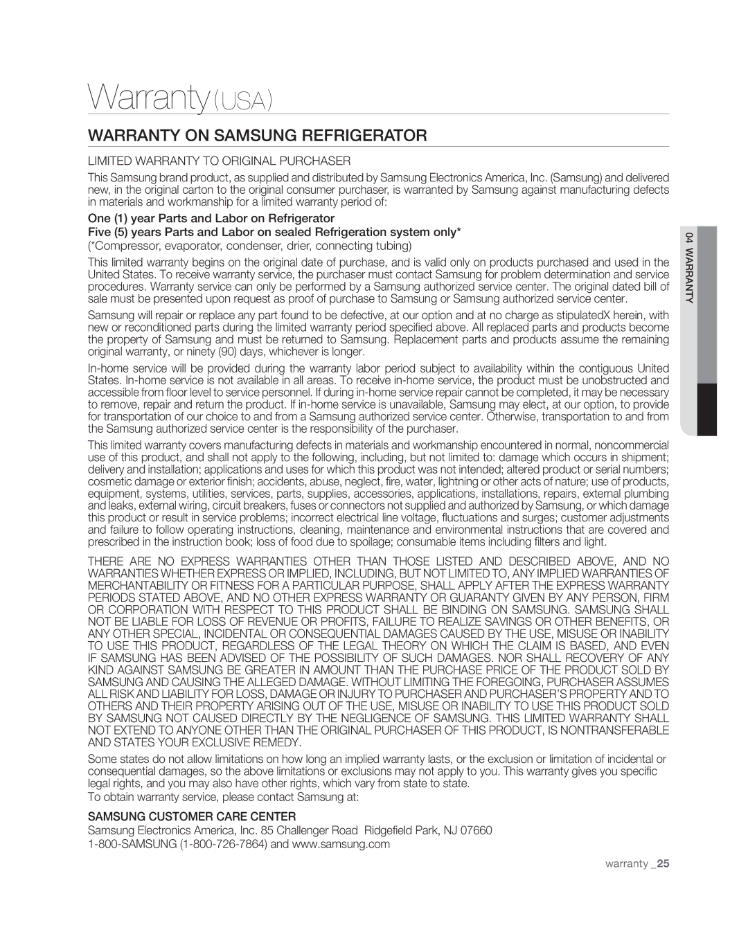 Samsung RF4267HA user manual Warranty USA, Warranty on samsung refrigerator 