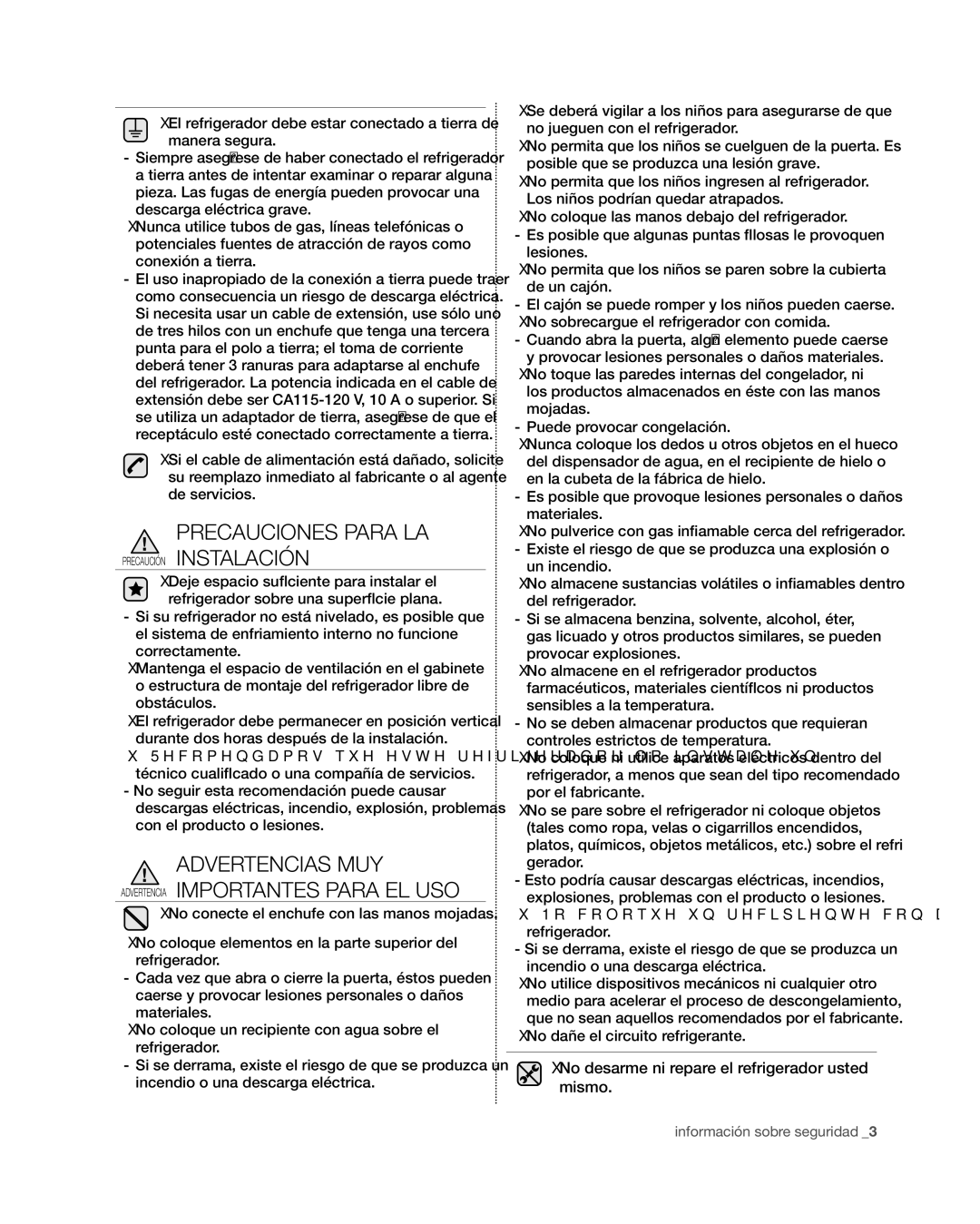 Samsung RF4267HA Advertencias MUY Advertencia Importantes Para EL USO, No desarme ni repare el refrigerador usted mismo 