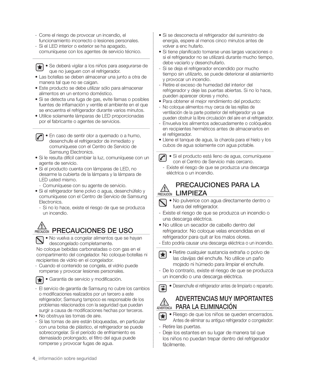 Samsung RF4267HA user manual Precaución Precauciones DE USO, Precauciones Para LA, Garantía de servicio y modificación 