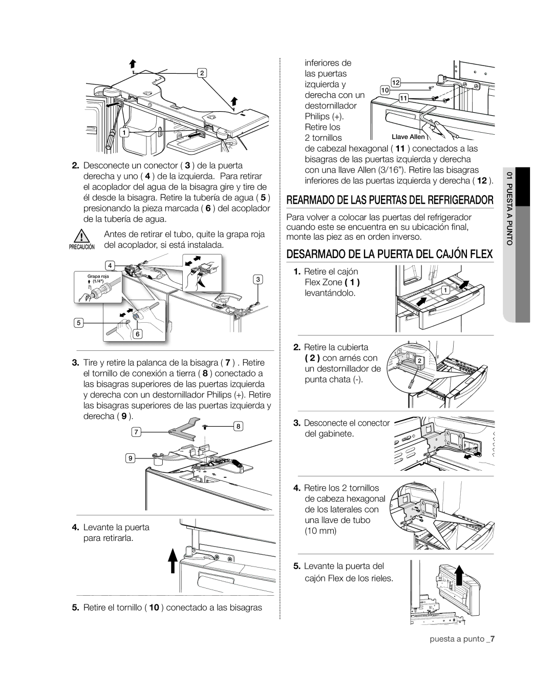 Samsung RF4267HA user manual Rearmado de las puertas del refrigerador, Desarmado de la puerta del cajón Flex 