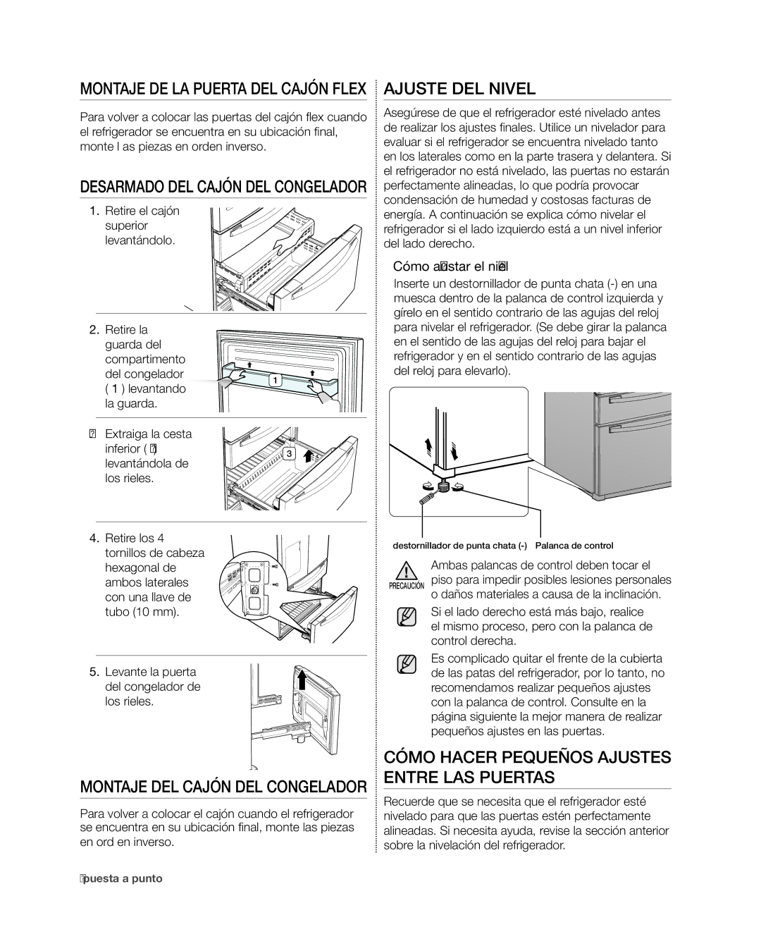 Samsung RF4267HA user manual Desarmado del cajón del congelador, Ajuste del nivel, Montaje del cajón del congelador 