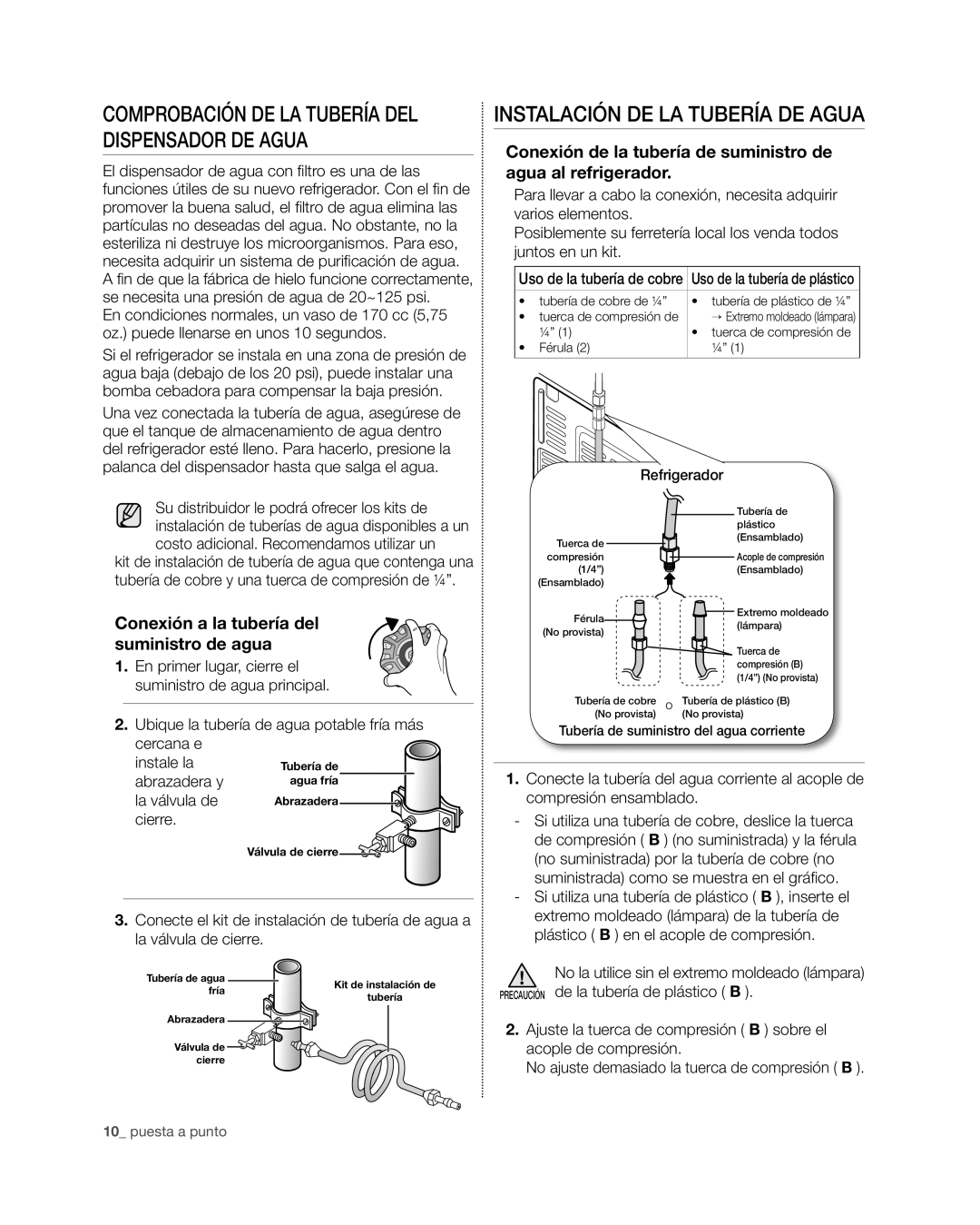 Samsung RF4267HA user manual Comprobación de la tubería del dispensador de agua, Instalación de la tubería de agua 