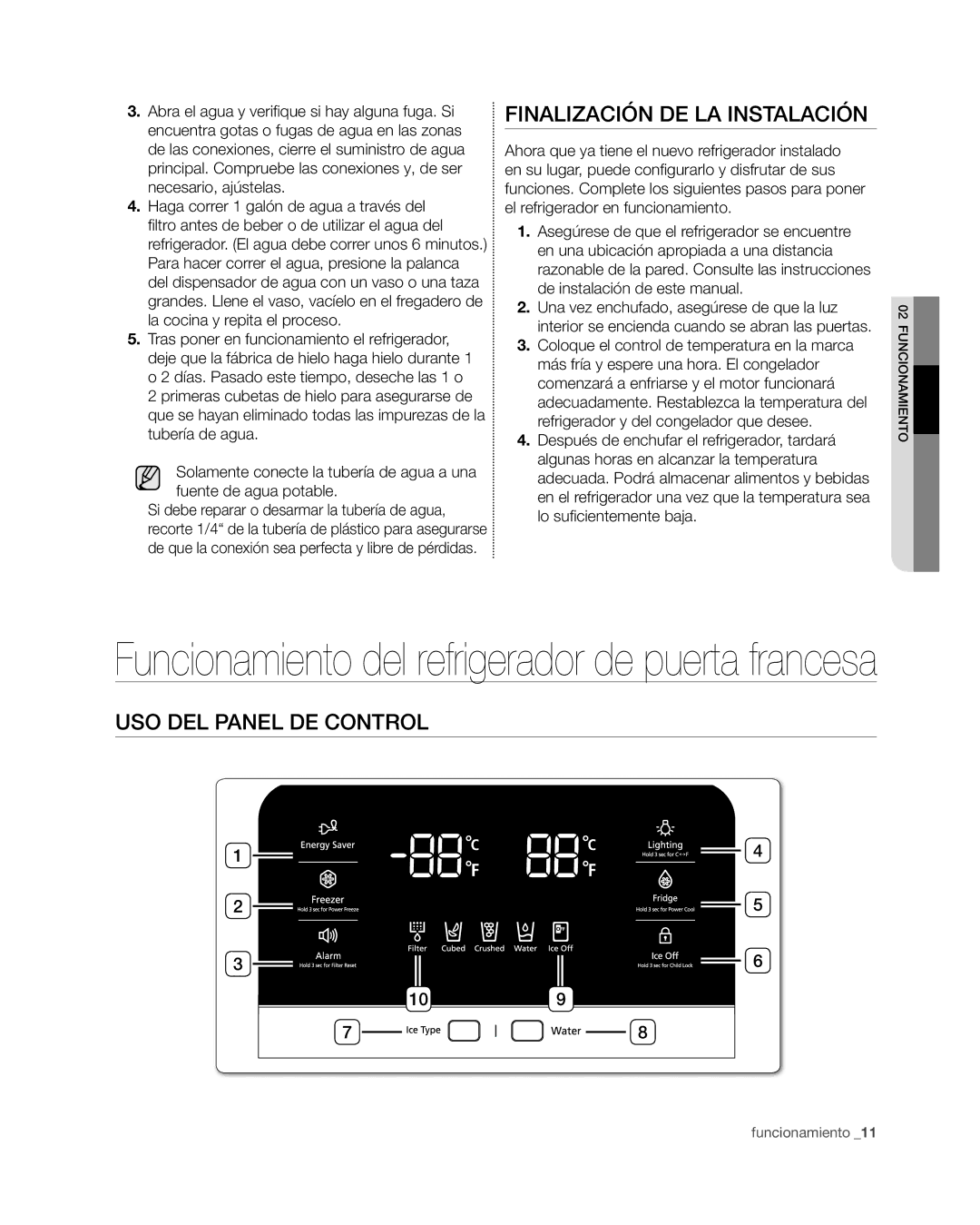 Samsung RF4267HA user manual Finalización de la instalación, Uso del panel de control 