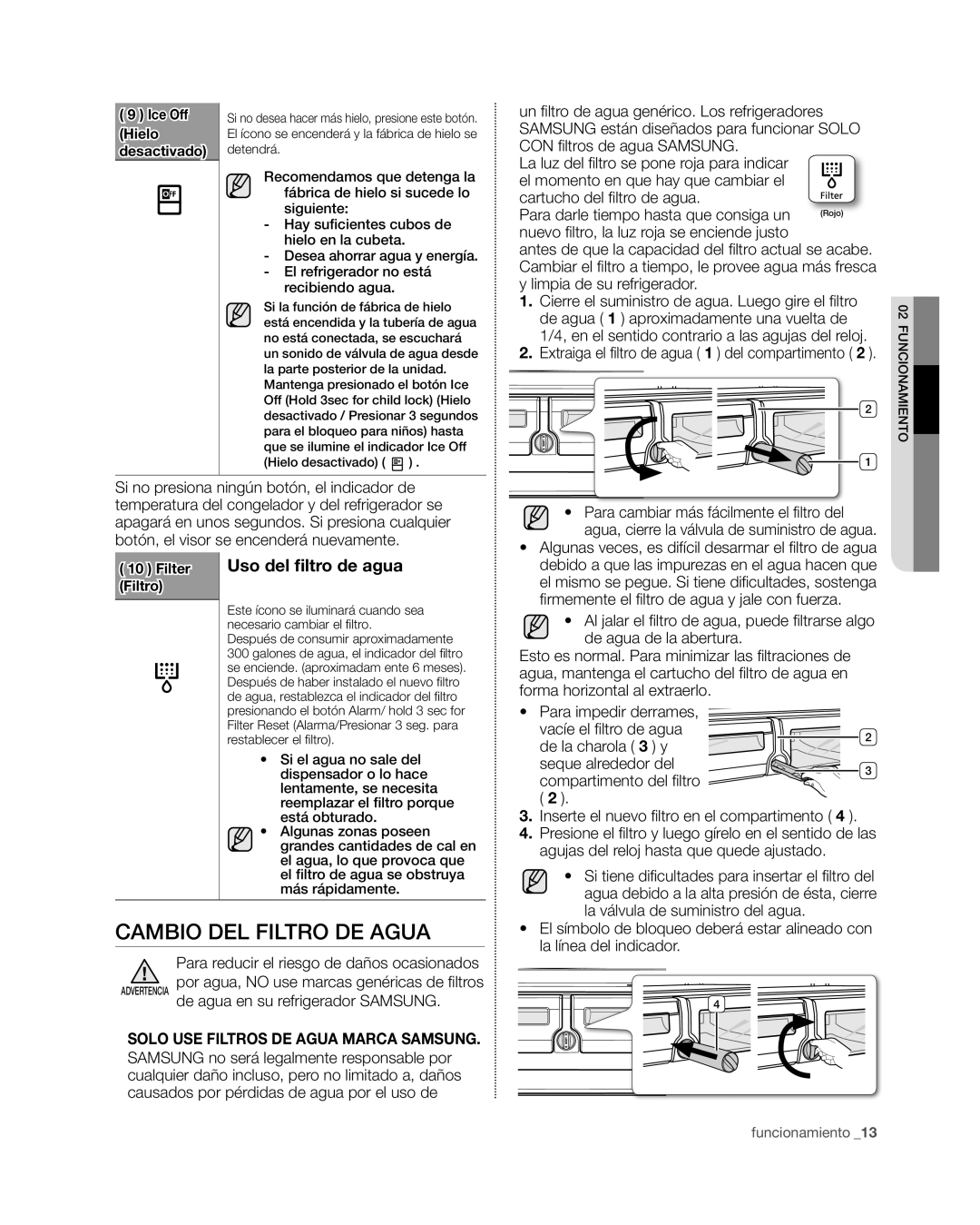 Samsung RF4267HA user manual Cambio del filtro de agua, Uso del filtro de agua, Para reducir el riesgo de daños ocasionados 