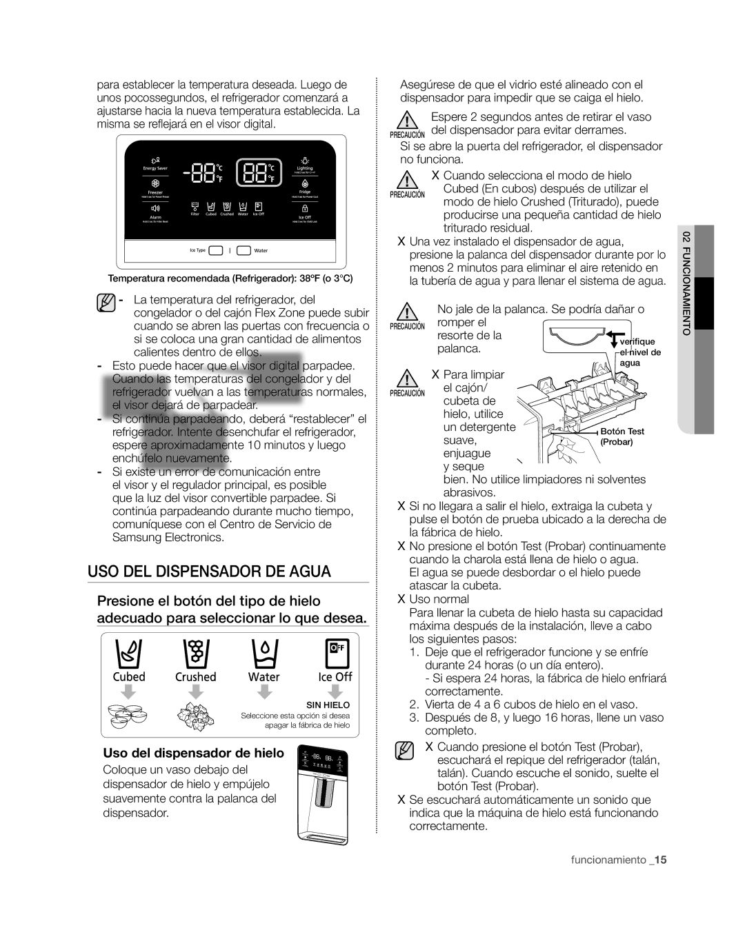 Samsung RF4267HA user manual USO DEL Dispensador DE Agua, Uso del dispensador de hielo 