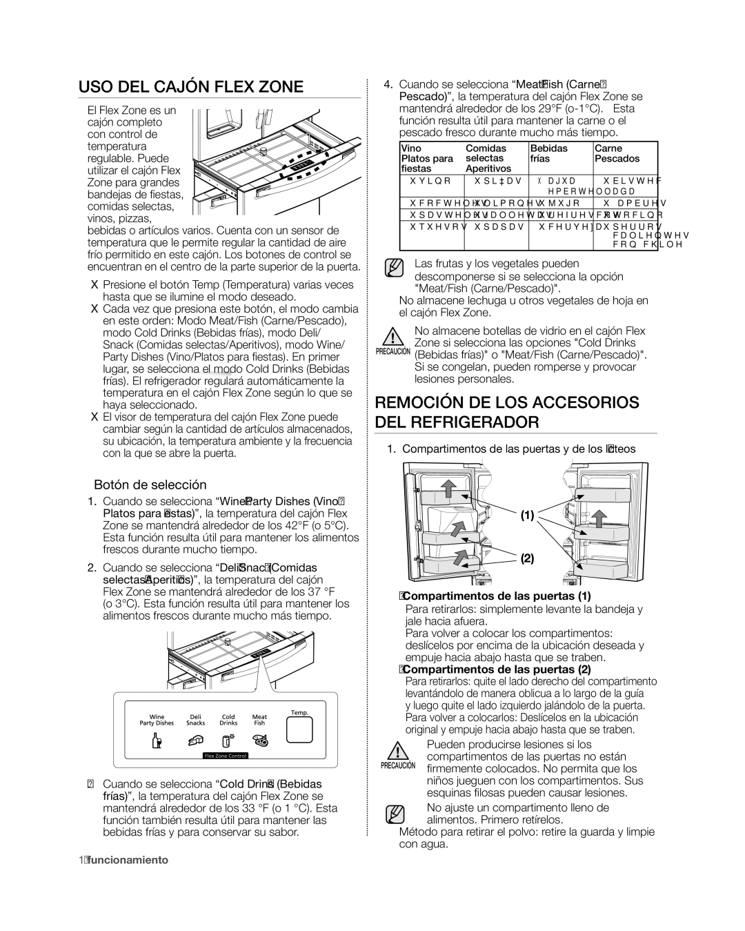 Samsung RF4267HA Uso del cajón Flex Zone, Remoción de los accesorios del refrigerador, Botón de selección, Vinos, pizzas 