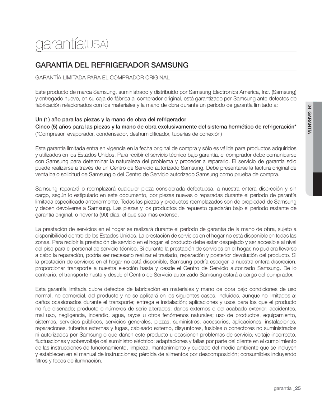 Samsung RF4267HA user manual GarantíaUSA, Garantía del refrigerador samsung 