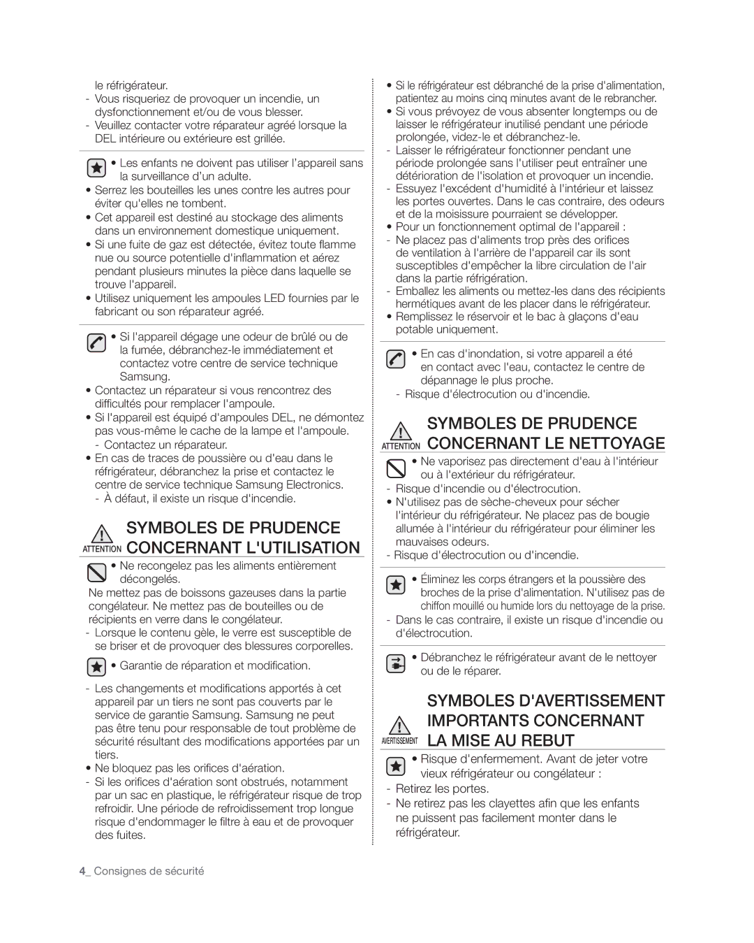 Samsung RF4267HA user manual Symboles DE Prudence attention Concernant Lutilisation 