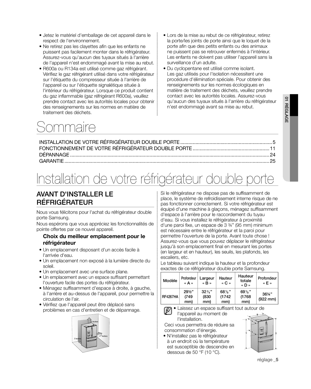 Samsung RF4267HA Sommaire, Avant dinstaller le réfrigérateur, Choix du meilleur emplacement pour le réfrigérateur 