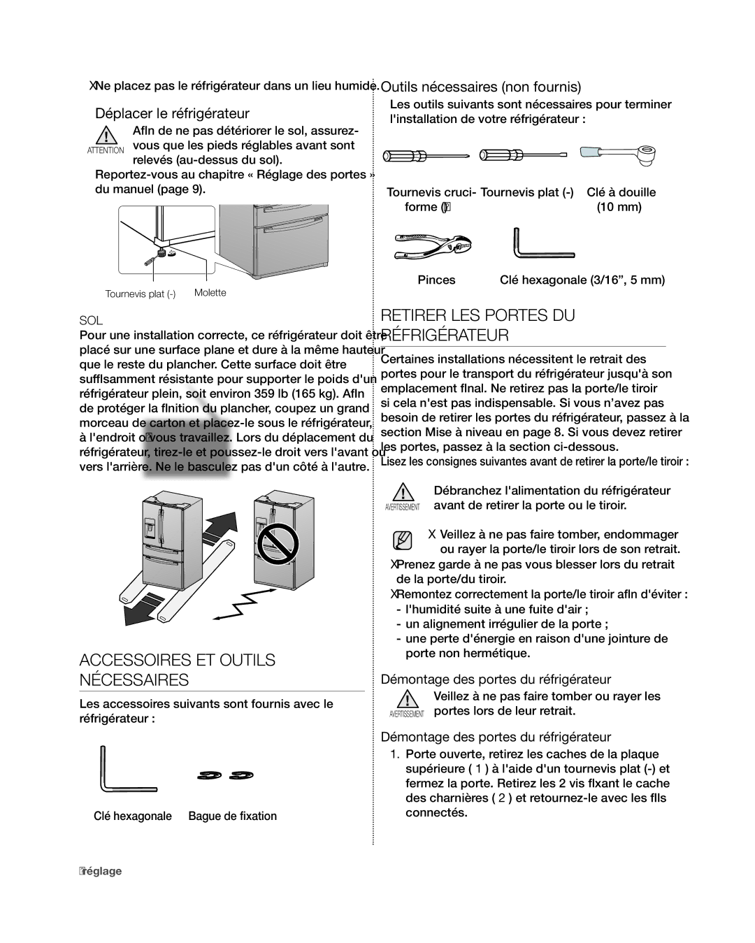 Samsung RF4267HA Accessoires et outils nécessaires, Retirer les portes du réfrigérateur, Déplacer le réfrigérateur 