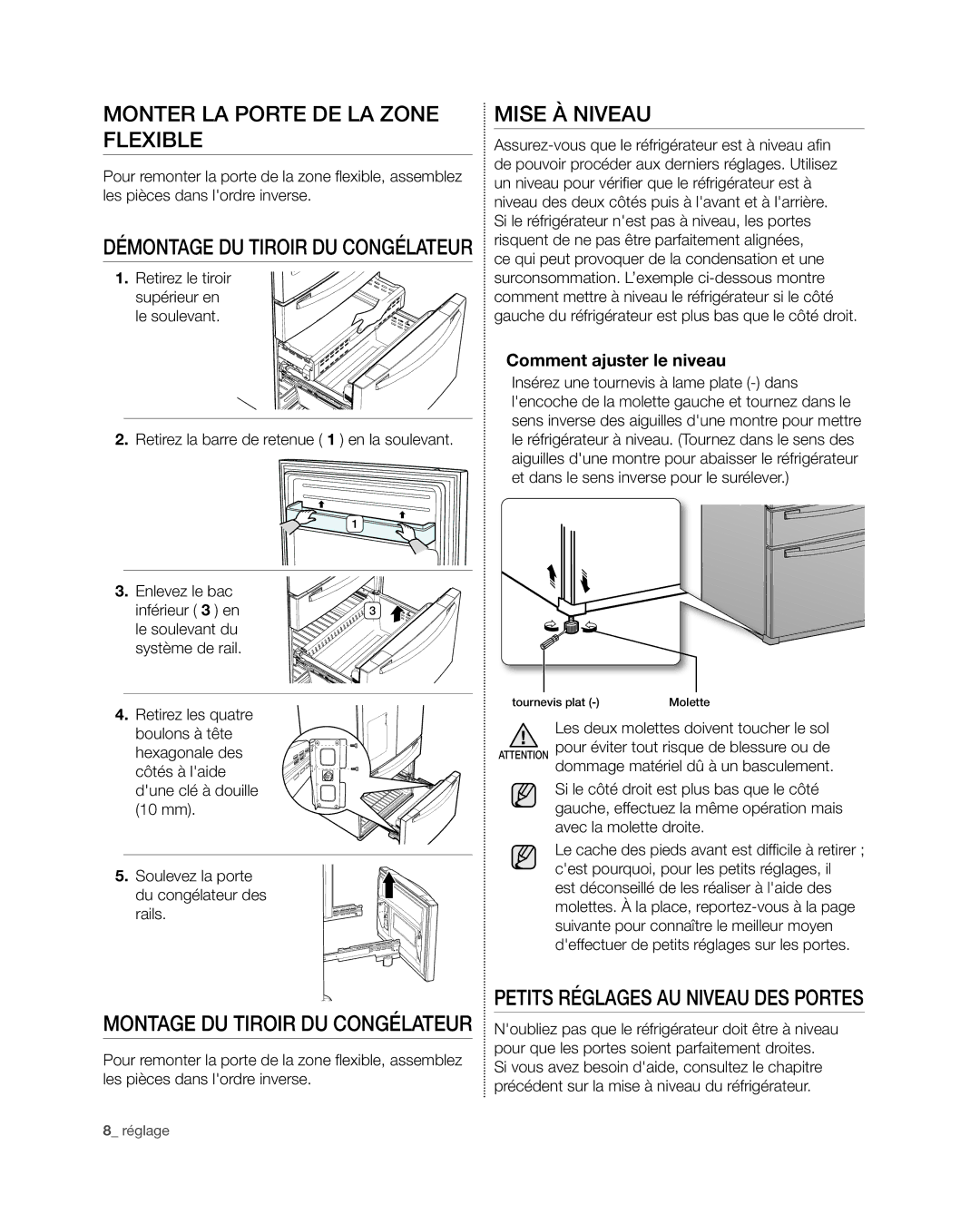 Samsung RF4267HA user manual Monter LA Porte DE LA Zone Flexible, Démontage du tiroir du congélateur, Mise à niveau 